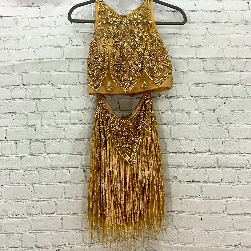 Sherri Hill Gold Cocktail formal dress with glass beaded‎ fringe size 8 2pc